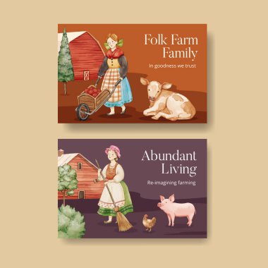 Facebook şablonu Avrupa halk çiftliği yaşam konsepti, suluboya stil