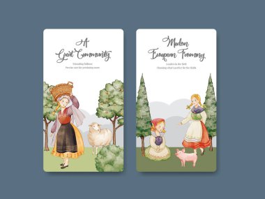 Instagram şablonu Avrupa halk çiftliği yaşam konsepti, suluboya stil