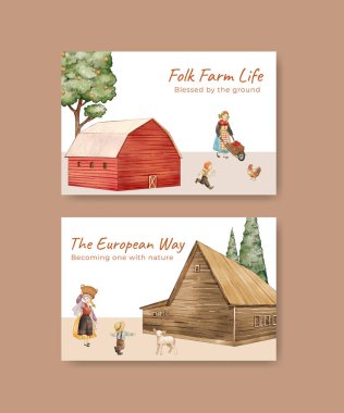 Facebook şablonu Avrupa halk çiftliği yaşam konsepti, suluboya stil