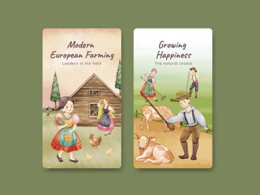 Instagram şablonu Avrupa halk çiftliği yaşam konsepti, suluboya stil