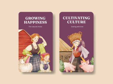 Instagram şablonu Avrupa halk çiftliği yaşam konsepti, suluboya stil