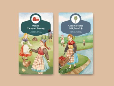 Instagram şablonu Avrupa halk çiftliği yaşam konsepti, suluboya stil