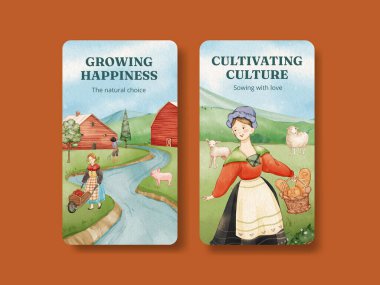 Instagram şablonu Avrupa halk çiftliği yaşam konsepti, suluboya stil