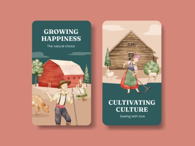 Instagram şablonu Avrupa halk çiftliği yaşam konsepti, suluboya stil