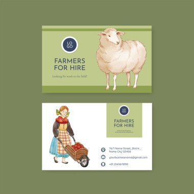 Avrupa halk çiftliği yaşam konsepti olan isim kartı şablonu, suluboya stil