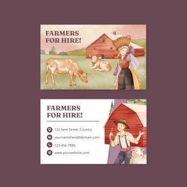 Avrupa halk çiftliği yaşam konsepti olan isim kartı şablonu, suluboya stil