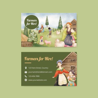 Avrupa halk çiftliği yaşam konsepti olan isim kartı şablonu, suluboya stil
