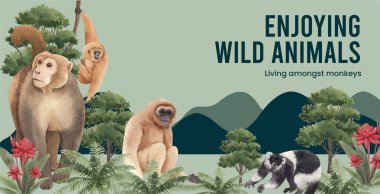 Billboard şablonu orman konseptinde maymun, suluboya styl