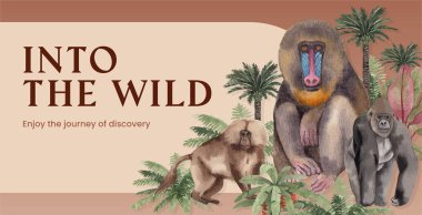 Billboard şablonu orman konseptinde maymun, suluboya styl