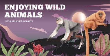 Billboard şablonu orman konseptinde maymun, suluboya styl