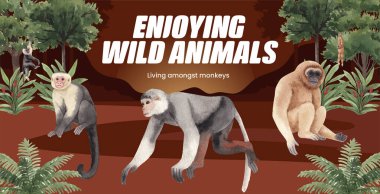 Billboard şablonu orman konseptinde maymun, suluboya styl