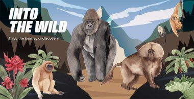 Billboard şablonu orman konseptinde maymun, suluboya styl