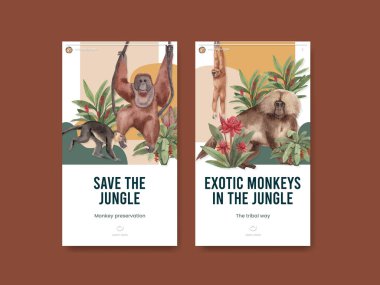Orman konseptinde maymunla Instagram şablonu, suluboya stil