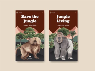 Orman konseptinde maymunla Instagram şablonu, suluboya stil