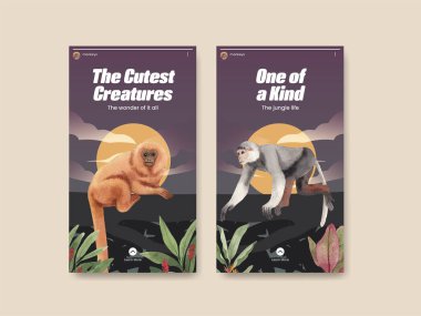 Orman konseptinde maymunla Instagram şablonu, suluboya stil