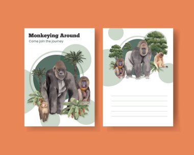 İçinde maymun olan bir posta kartı şablonu, suluboya stil.