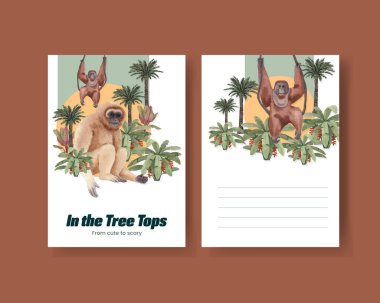 İçinde maymun olan bir posta kartı şablonu, suluboya stil.