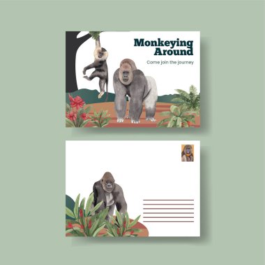 İçinde maymun olan bir posta kartı şablonu, suluboya stil.