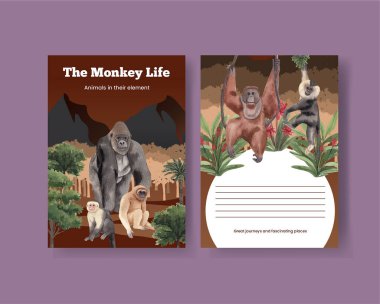 İçinde maymun olan bir posta kartı şablonu, suluboya stil.