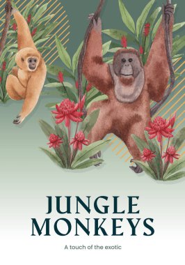 Orman konseptinde maymunun olduğu poster şablonu, suluboya styl