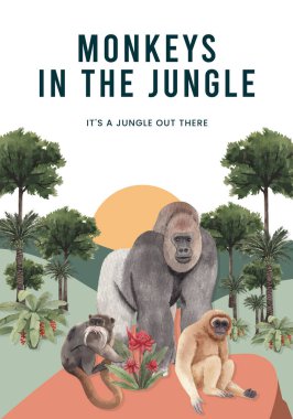 Orman konseptinde maymunun olduğu poster şablonu, suluboya styl