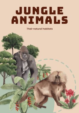 Orman konseptinde maymunun olduğu poster şablonu, suluboya styl