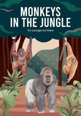 Orman konseptinde maymunun olduğu poster şablonu, suluboya styl