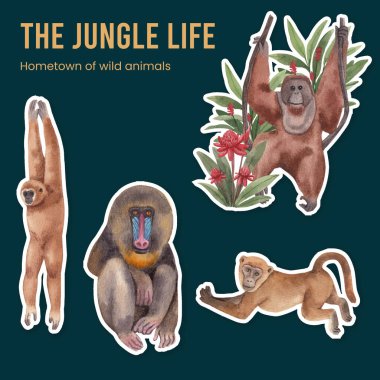 Orman konseptinde maymunlu çıkartma şablonu, suluboya styl