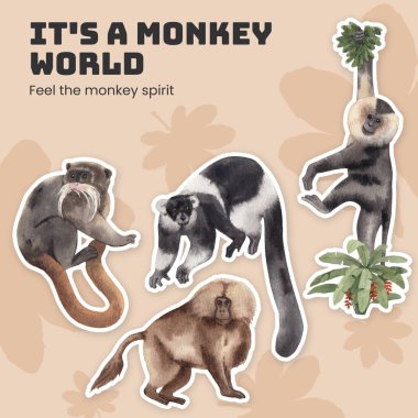 Orman konseptinde maymunlu çıkartma şablonu, suluboya styl