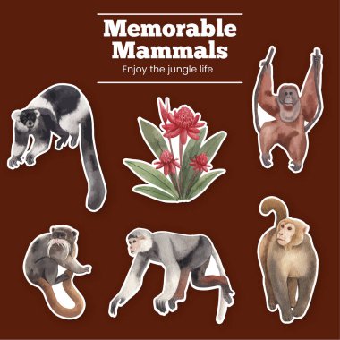 Orman konseptinde maymunlu çıkartma şablonu, suluboya styl