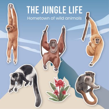 Orman konseptinde maymunlu çıkartma şablonu, suluboya styl