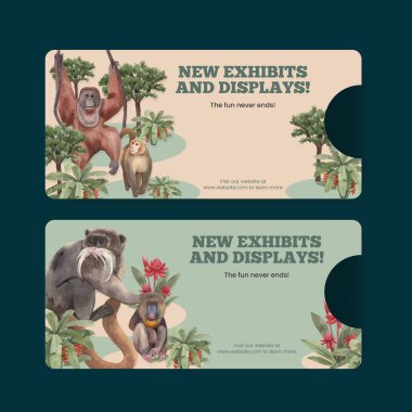 Orman konseptinde maymunla bilet şablonu, suluboya styl