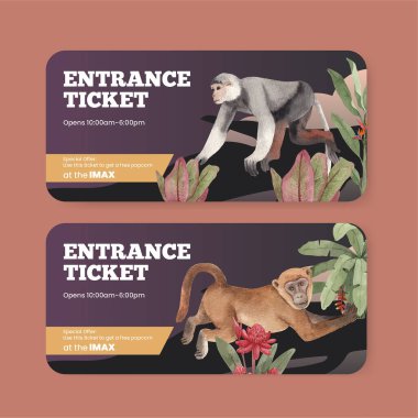 Orman konseptinde maymunla bilet şablonu, suluboya styl