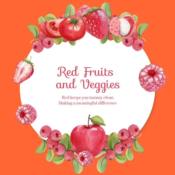 Шаблон Венка Красными Фруктами Овощной Концепцией Стиль Акварели — стоковый вектор