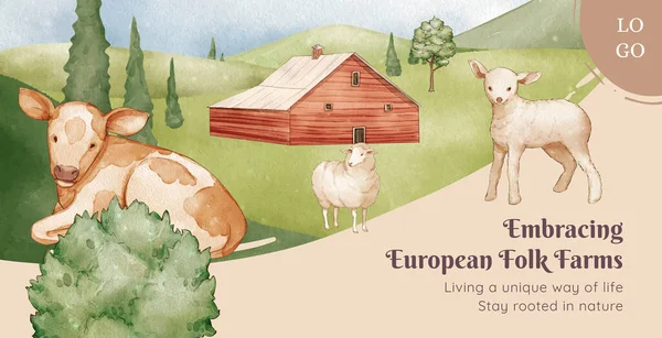 Billboard Template European Folk Farm Life Concept Υδατογραφία — Διανυσματικό Αρχείο