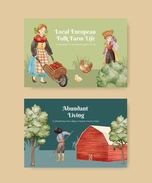 Facebook şablonu Avrupa halk çiftliği yaşam konsepti, suluboya stil