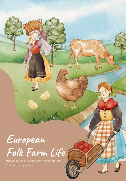Modelo Cartaz Com Conceito Vida Agrícola Folclórica Europeia Styl Aquarela —  Vetores de Stock