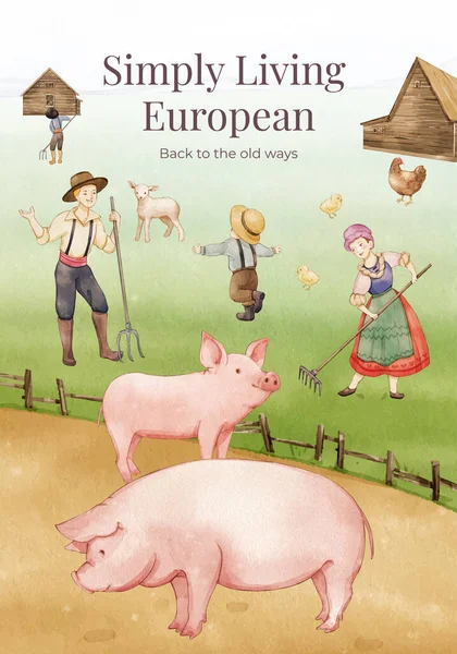 Modèle Affiche Avec Concept Vie Ferme Folklorique Européenne Aquarelle Styl — Image vectorielle