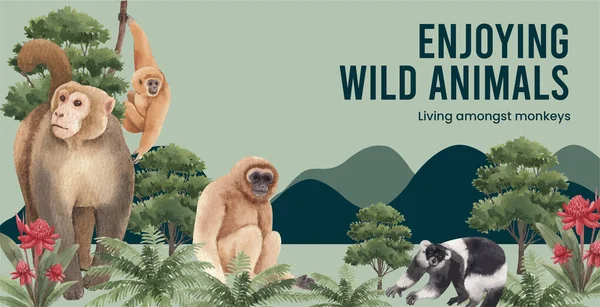 Billboard şablonu orman konseptinde maymun, suluboya styl
