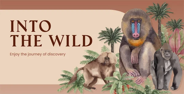 Billboard Szablon Małpą Koncepcji Dżungli Akwarela Styl — Wektor stockowy