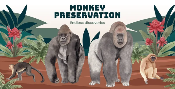 ジャングルのコンセプトで猿とビルボードテンプレート 水彩スタイル — ストックベクタ
