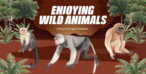 Billboard şablonu orman konseptinde maymun, suluboya styl