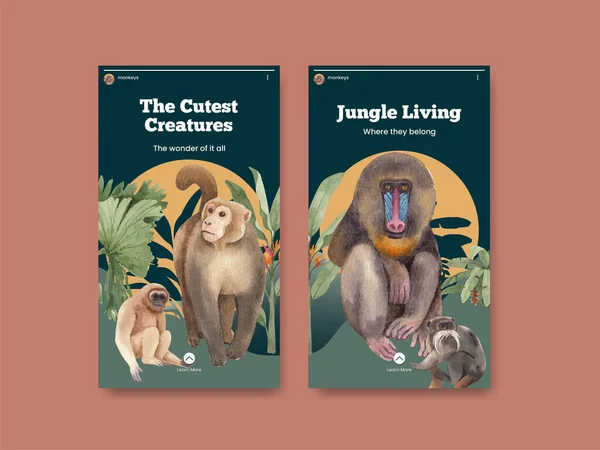 Orman Konseptinde Maymunla Instagram Şablonu Suluboya Stil — Stok Vektör