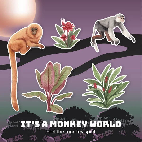 Orman konseptinde maymunlu çıkartma şablonu, suluboya styl