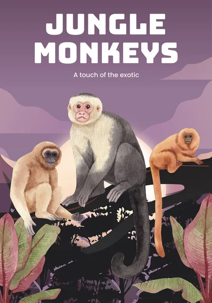 Orman konseptinde maymunun olduğu poster şablonu, suluboya styl