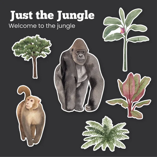 Orman konseptinde maymunlu çıkartma şablonu, suluboya styl