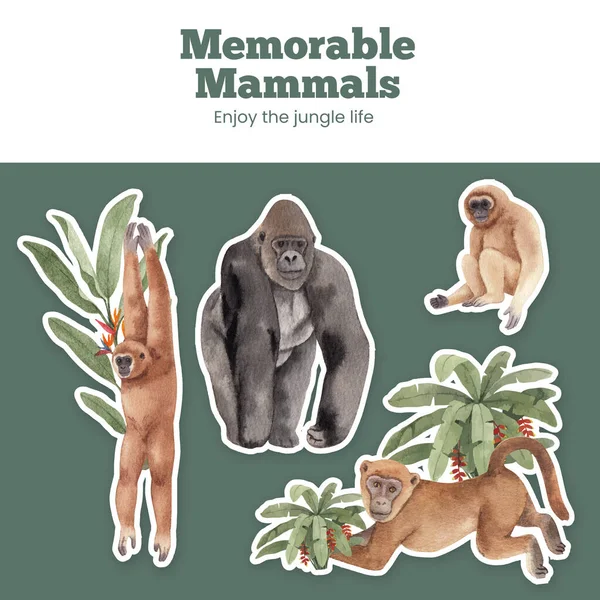 Orman konseptinde maymunlu çıkartma şablonu, suluboya styl