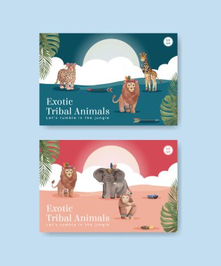 Facebook şablonu orman kabilesi hayvan konsepti, suluboya stil