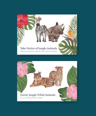 Facebook şablonu orman kabilesi hayvan konsepti, suluboya stil