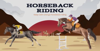 Billboard template with horseback riding concept,watercolor styl clipart